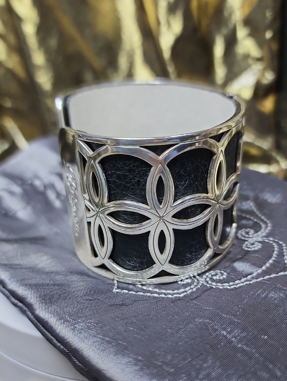 Brighton Silver-Tone Black Leather Floral Cuff Bracelet With Gray Brighton Bag - Picture 4 of 11